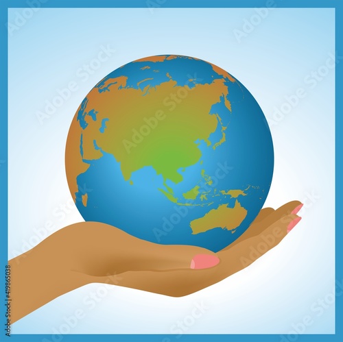 Hand gentle holding planet earth. Global  environmetal. The globe could be found with other parts on top and the hand with ligheter skin. Vector illustration. EPS10.