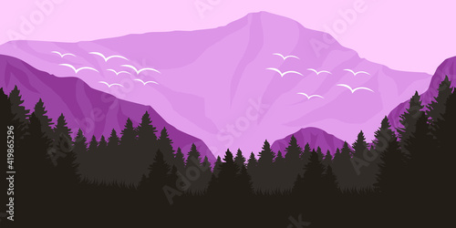 Mountain scenery flat design style minimalist with forest sillhouette for background template, backdrop, adventure design template, mountain tourism promotion, and wallpaper