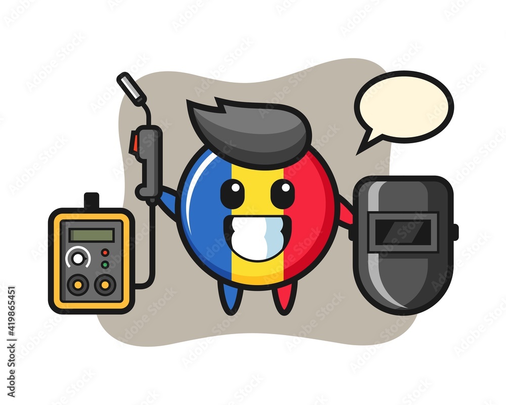 Character mascot of romania flag badge as a welder