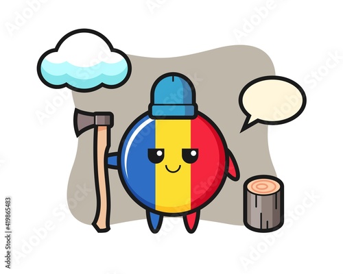 Character cartoon of romania flag badge as a woodcutter