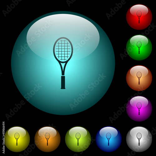Single tennis racket icons in color illuminated glass buttons