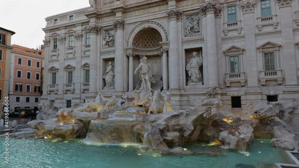 The Trevi Fountain in Rome, Italy, famous Baroque style city landmark from 1762, tilt up The Trevi Fountain in Rome, Italy, famous Baroque style city landmark from 1762, tilt up