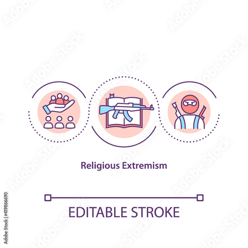 Religious extremism concept icon. Armed terrorists. Social conflict. Danger of assault. Religion issues idea thin line illustration. Vector isolated outline RGB color drawing. Editable stroke