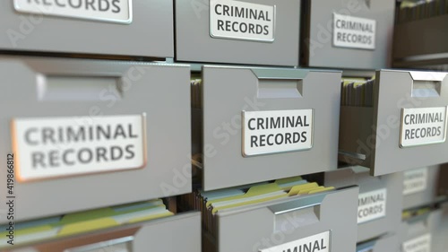 CRIMINAL RECORDS text on the drawers of a file cabinet, looping 3d animation photo