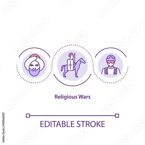 Religious wars concept icon. Armed soldier. Holy war. Social problem. Army conflict. Religious issues idea thin line illustration. Vector isolated outline RGB color drawing. Editable stroke