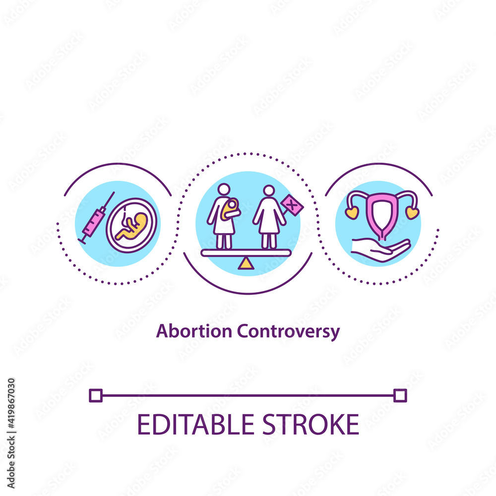 Abortion controversy concept icon. Birth control problem. Social pressure. Negative choice. Religious issue idea thin line illustration. Vector isolated outline RGB color drawing. Editable stroke
