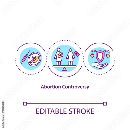 Abortion controversy concept icon. Birth control problem. Social pressure. Negative choice. Religious issue idea thin line illustration. Vector isolated outline RGB color drawing. Editable stroke