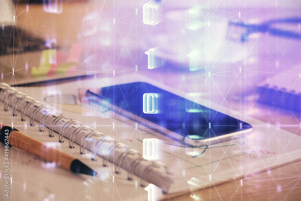 Double exposure of data theme drawing and mobile phone background. Concept of innovation Double exposure of data theme drawing and mobile phone background. Concept of innovation