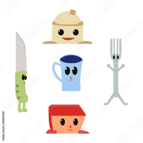Little cute kitchen appliances with eyes. Cutlery set. Collection kitchenware with eyes. Vector illustration
