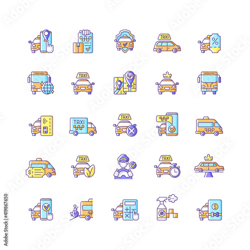 Taxi service RGB color icons set. Online technology. Modern taxi service. Easy movement around the city. Convenient service for ordering car. Convenient transportation. Isolated vector illustrations