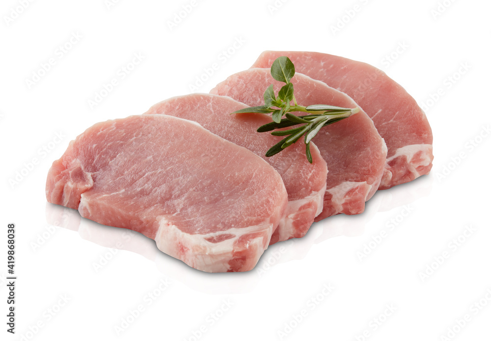 Fresh pork cut into pieces isolated white background Fresh pork cut into pieces isolated white background