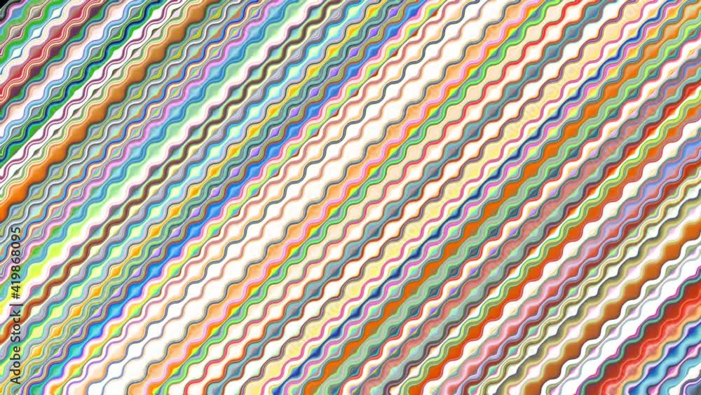 Diagonal parallel multicolor undulating lines moving, vibrating, changing colors. Looping hypnotic pattern. Abstract striped background of waving shapes are iridescent. 4K UHD 4096x2304