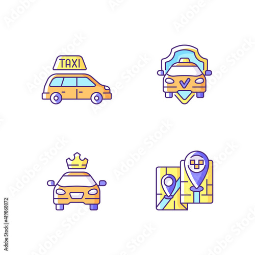 Modern taxi service RGB color icons set. Safe ride. Convenient service for ordering car. Long distance trips. Premier cars . Luxury car rental. Minivan taxis. Isolated vector illustrations