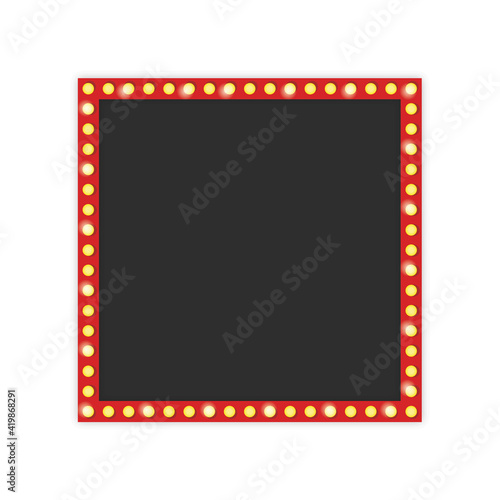 Retro frame with light bulb. Vintage empty frame template on white background. Vector illustration.