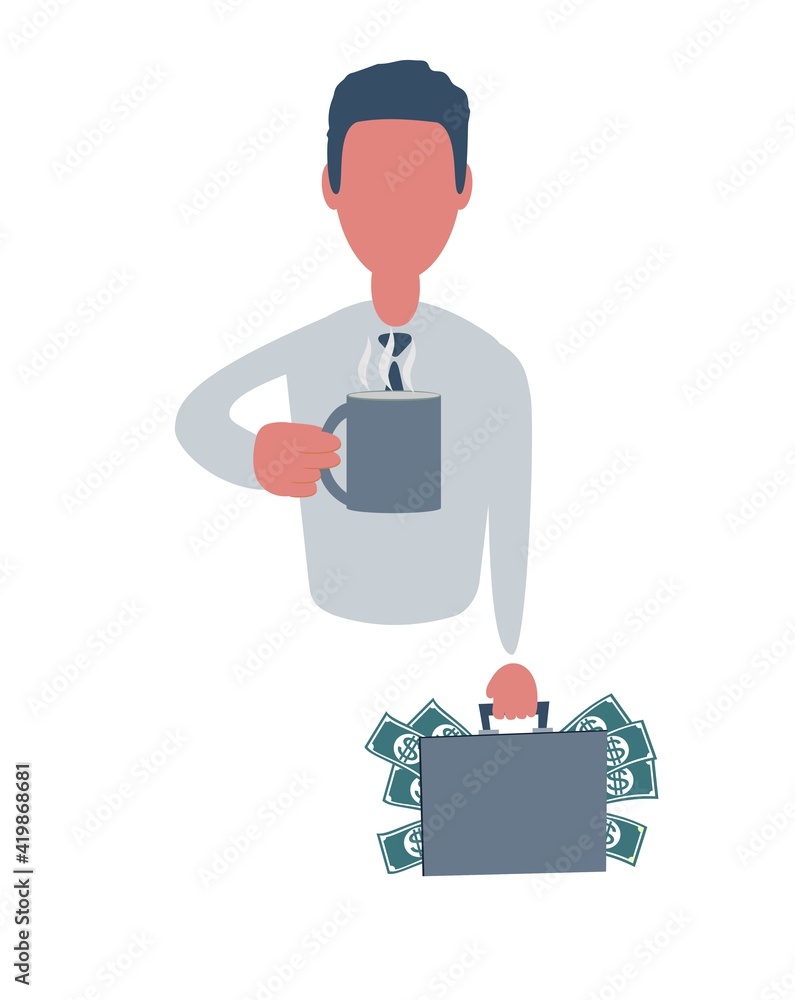 Businessman or clerk holding a suitcase with money and with a cup of tea. Male character in simple style with objects, flat vector illustration. Business concept. Isolated on white background.