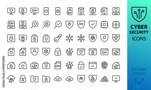 Cyber security line icons set. Set of antivirus, fraud protection, network firewall, online privacy, fingerprint, cloud data encryption, mobile security, secure data, padlock isolated vector icons