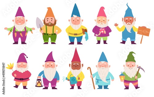 Large set of ten cute cartoon gnomes with assorted accessories