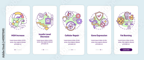 Intermittent fasting health effects onboarding mobile app page screen with concepts. HGH increase. Health walkthrough 5 steps graphic instructions. UI vector template with RGB color illustrations