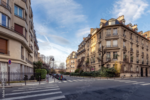 Paris, France - February 19, 2021: Beautiful buildings and typical parisian facades in the 8th district in Paris near parc Monceau
