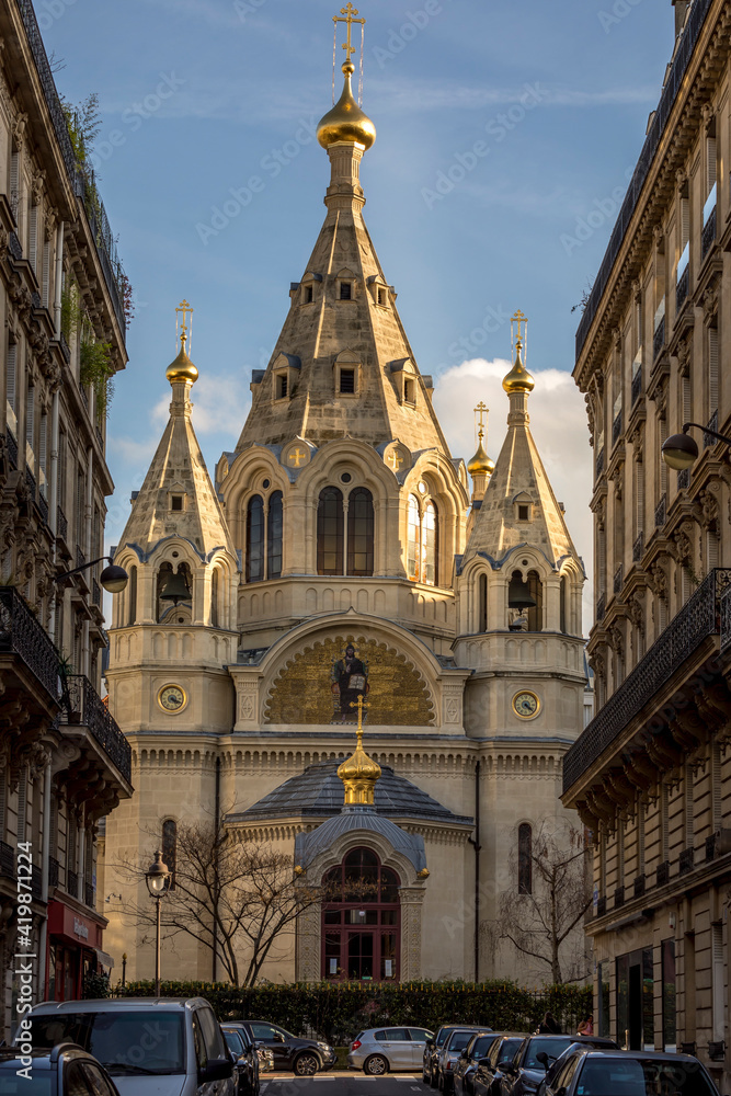 Paris, France - February 19, 2021: The Alexander Nevsky Cathedral is a Russian Orthodox cathedral church located in the 8th arrondissement of Paris. It was established in 1861