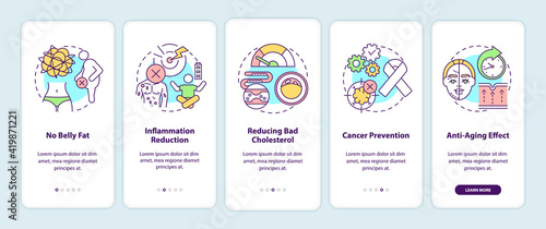 Intermittent fasting benefits onboarding mobile app page screen with concepts. Healthy diet walkthrough 5 steps graphic instructions. UI vector template with RGB color illustrations