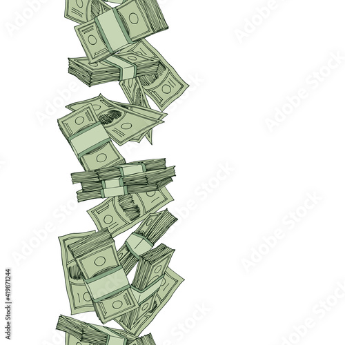 vertical seamless money pattern, paper banknotes, pile of bucks, financial capital, color vector illustration with green contour lines isolated on white background in doodle and hand drawn style