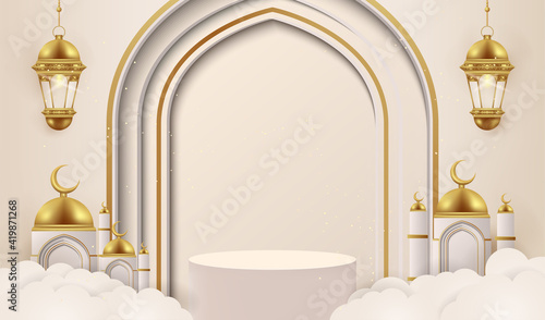 3d ramadan kareem background with golden lamp and podium.