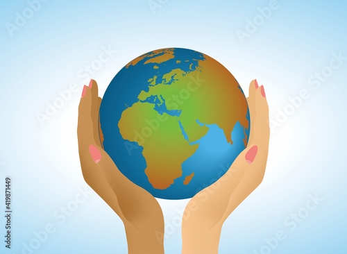 Hands with variation in color, ethnicity, holding planet Earth. Vector illustration. EPS10.