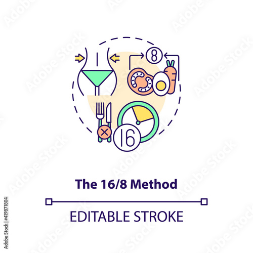 The 16-8 method concept icon. Weight loss. Eating plan. Healthy food for nutrition. Intermittent fasting idea thin line illustration. Vector isolated outline RGB color drawing. Editable stroke
