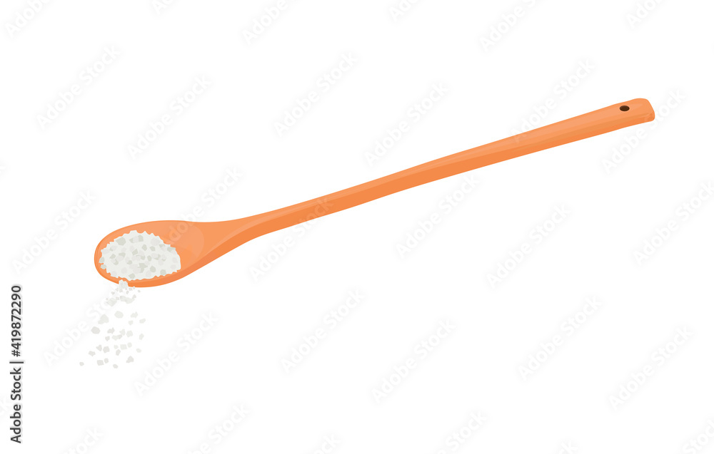 A spoonful of salt vector stock illustration. Cooking recipe. Add 1 teaspoon of sugar. Close-up. Isolated on a white background. A spoonful of salt vector stock illustration. Cooking recipe. Add 1 teaspoon of sugar. Close-up. Isolated on a white background.