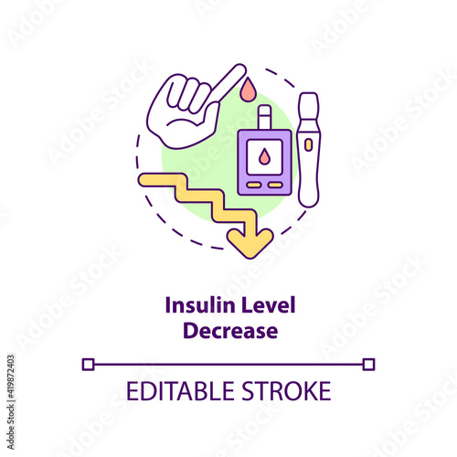 Insulin level decrease concept icon. Health care. Diabetes disease help. Intermittent fasting benefit idea thin line illustration. Vector isolated outline RGB color drawing. Editable stroke