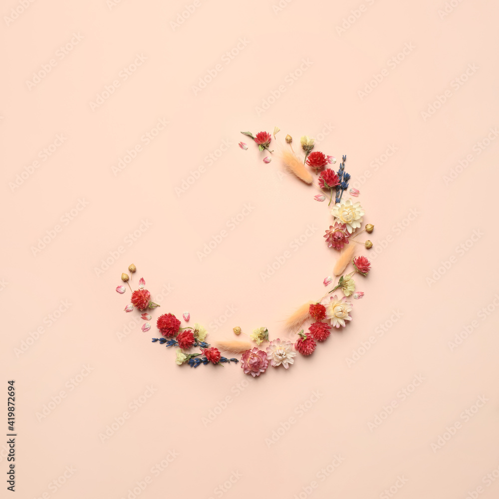Flat lay composition with beautiful dried flowers on pink background. Space for text Flat lay composition with beautiful dried flowers on pink background. Space for text