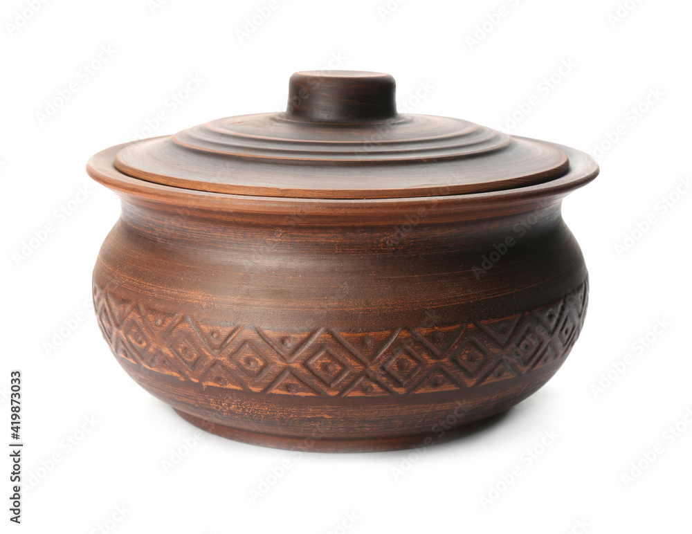 Stylish brown clay pot isolated on white