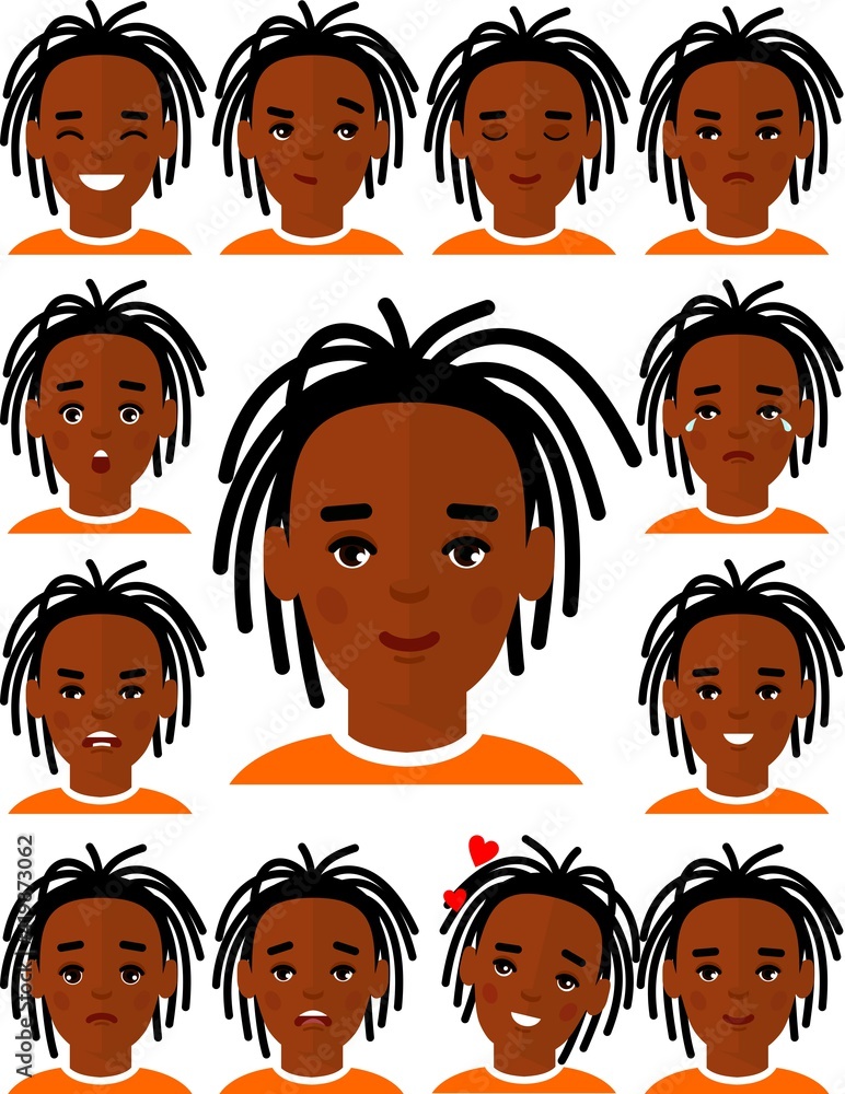Set of different african american avatar man in colorful flat style. Collection of various emotion expression avatar male happy, angry, sad, funny.
