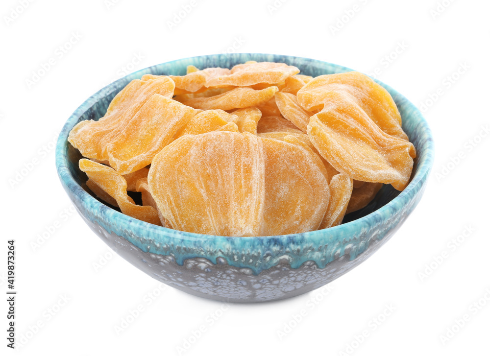 Sweet dried jackfruit slices in bowl on white background Sweet dried jackfruit slices in bowl on white background