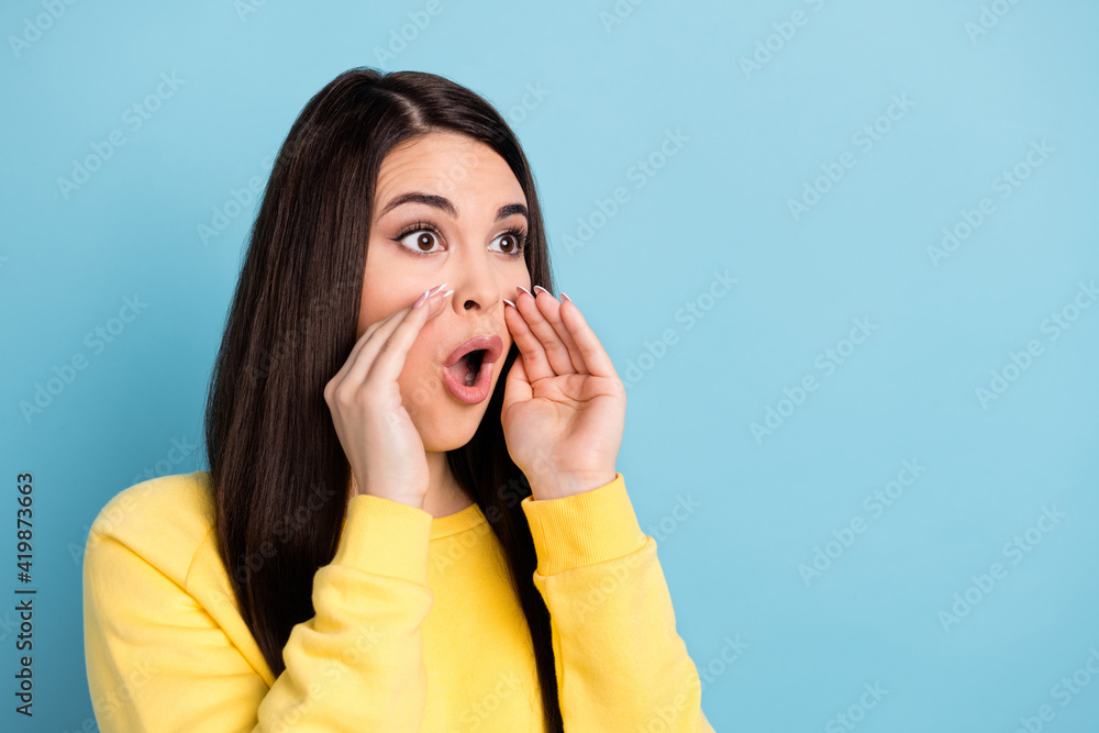 Profile photo of adviser speaker lady palms open mouth scream wear yellow jumper isolated blue background Profile photo of adviser speaker lady palms open mouth scream wear yellow jumper isolated blue background