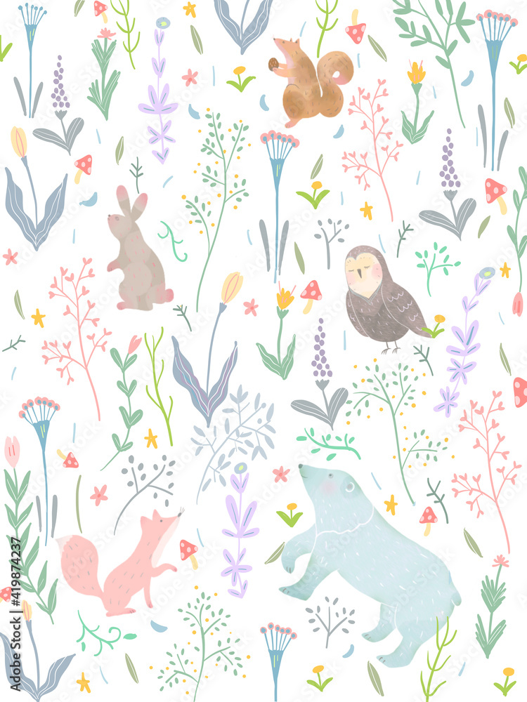 かわいい春の北欧風草花と動物のパターンイラスト素材 Stock Illustration Adobe Stock