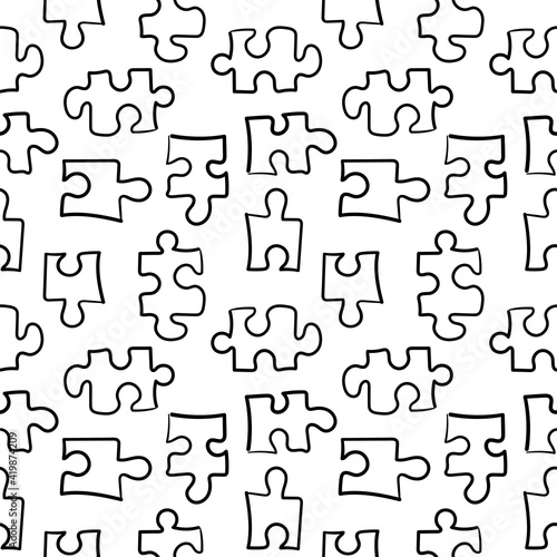 Seamless pattern with the image of various puzzle pieces in the sketch style. Black and white print. Design for decor, paper, textiles.