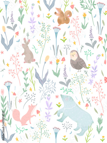 かわいい春の北欧風草花と動物のパターンイラスト素材