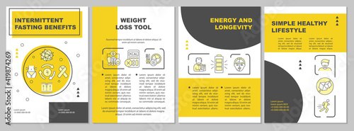 Intermittent fasting pros brochure template. Weight loss tool. Flyer, booklet, leaflet print, cover design with linear icons. Vector layouts for magazines, annual reports, advertising posters