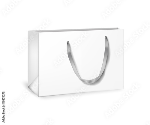 White cardboard bag. Blank gift or shopping package with ribbon handle vector illustration. Realistic commercial store carton bag isolated on white background.