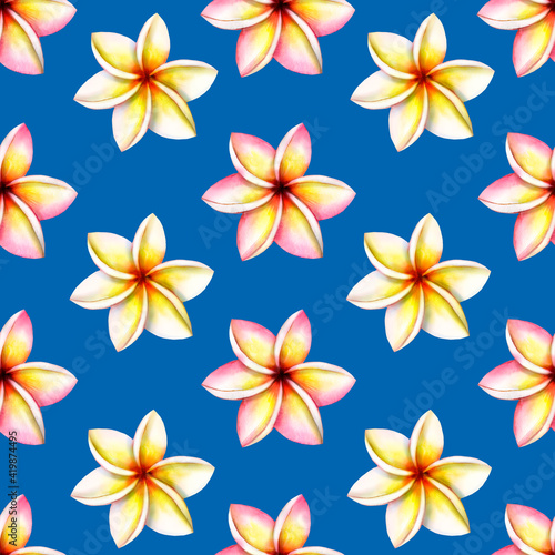 Seamless watercolor floral pattern with frangipani flowers, blue background 