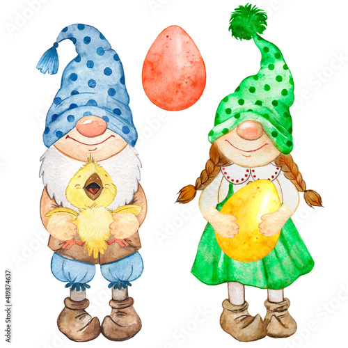 Watercolor illustration with two gnomes  easter gnomes  gnome with chicken and gnome with easter egg 