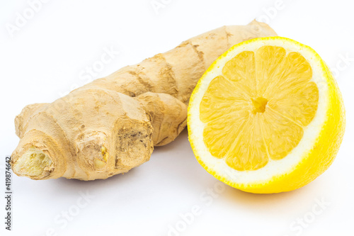 Ginger and lemon on white background, bio, healthy ingredients isolated on white background