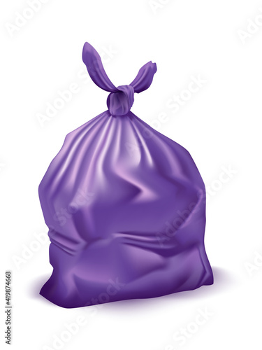 Purple plastic bag with garbage. Package with trash and rubbish with handle knot vector illustration. Full container with waste on white background. Supermarket disposable pack
