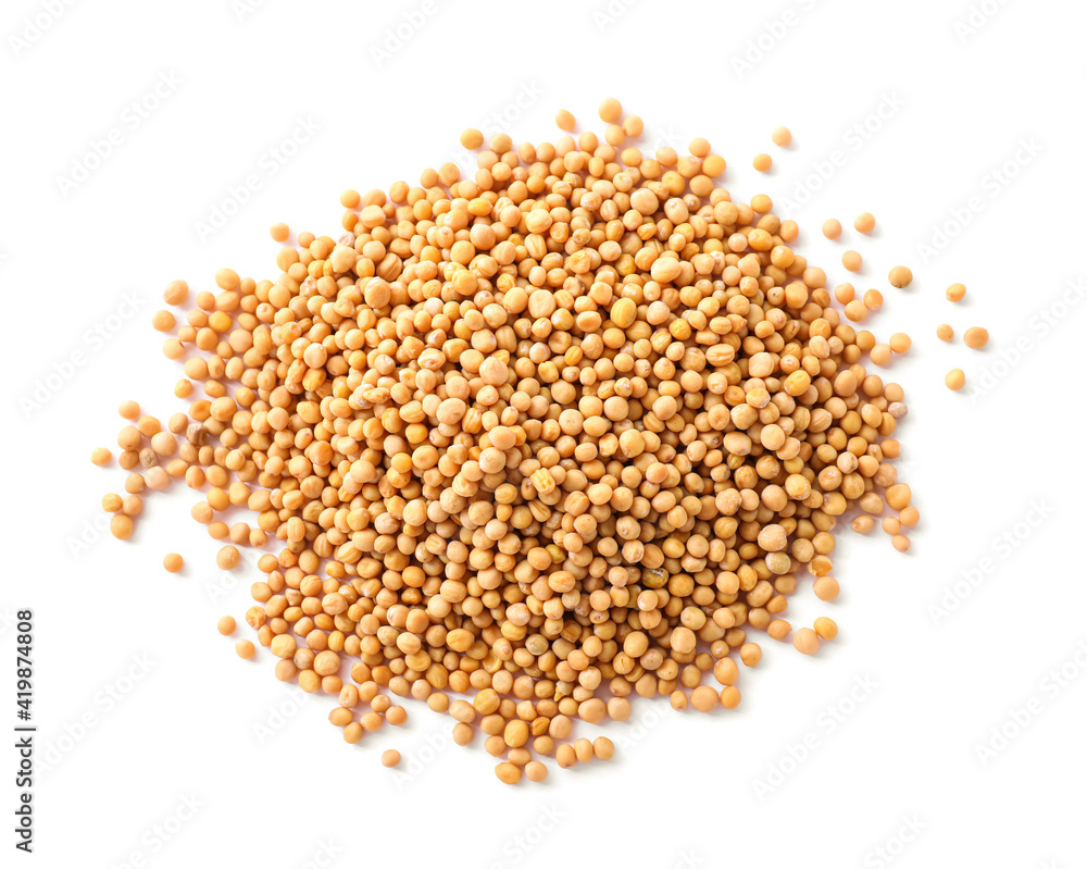 Heap of mustard seeds isolated on white, top view Heap of mustard seeds isolated on white, top view