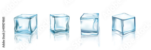 Blue ice cubes set. Cold frozen fresh water in square shape vector illustration. Four realistic crystal block pieces for cocktails, refrigerator on white horizontal background photo