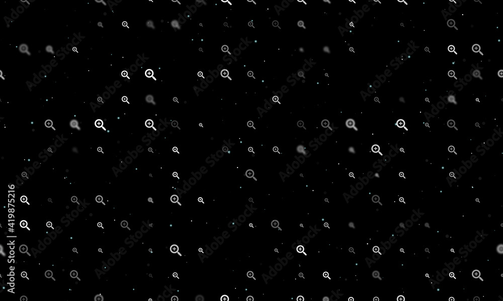 Seamless background pattern of evenly spaced white zoom in symbols of different sizes and opacity. Vector illustration on black background with stars Seamless background pattern of evenly spaced white zoom in symbols of different sizes and opacity. Vector illustration on black background with stars