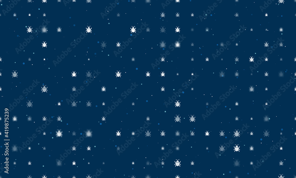 Seamless background pattern of evenly spaced white bug symbols of different sizes and opacity. Vector illustration on dark blue background with stars