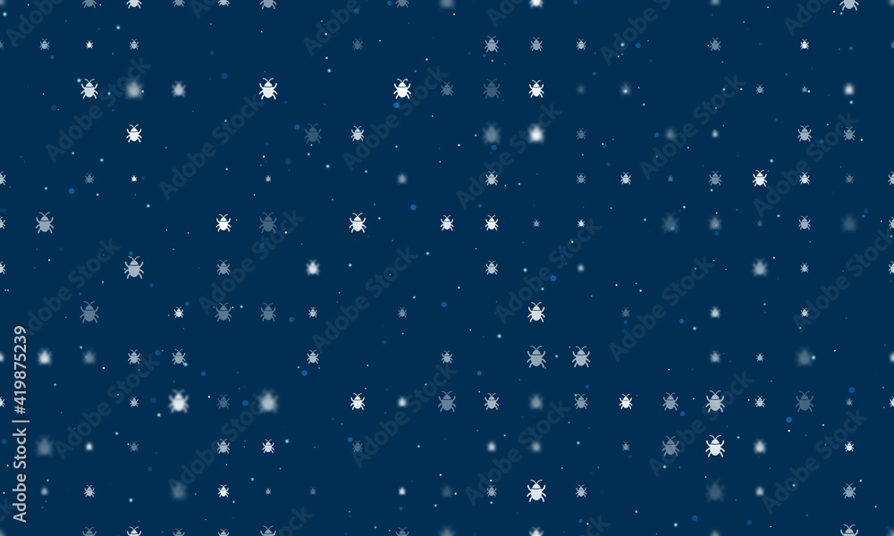 Fototapeta premium Seamless background pattern of evenly spaced white bug symbols of different sizes and opacity. Vector illustration on dark blue background with stars